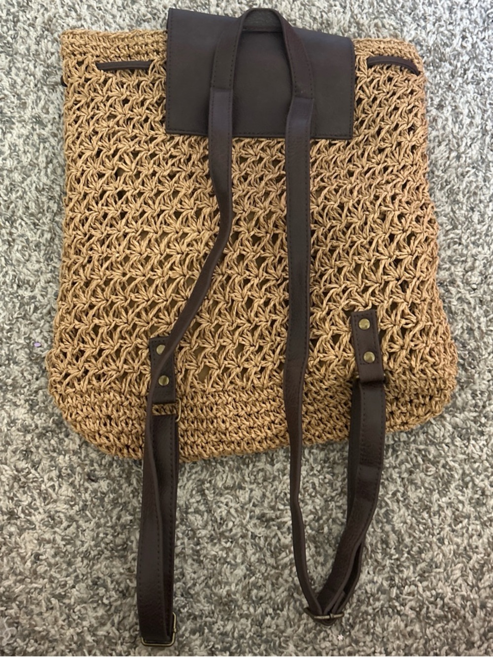 Crown Vintage Woven Straw Backpack with Dark Brown Leather Flap - Picture 2 of 6